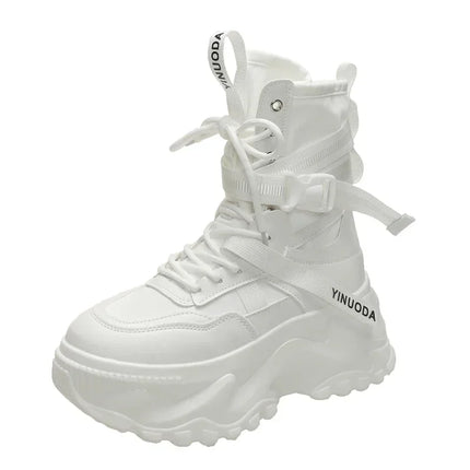 Hot Fashion Women Chunky Platform Motorcycle Boots White Lace Up Thick Bottom Shoes Woman Autumn Winter Ankle