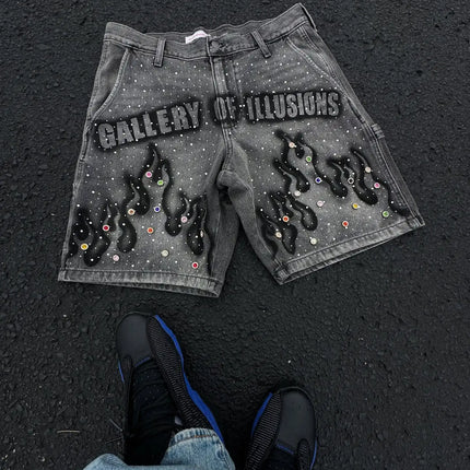 Gothic retro hot diamond denim shorts men's clothing street Harajuku Hiphop High High waiting jeans men's shorts casual pants