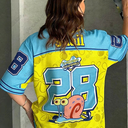 Cartoon SpongeBob Print T-shirts For Women Summer V-Neck Patchwork Short Sleeve Sports Football Jersey Y2K Loose Oversized Tops