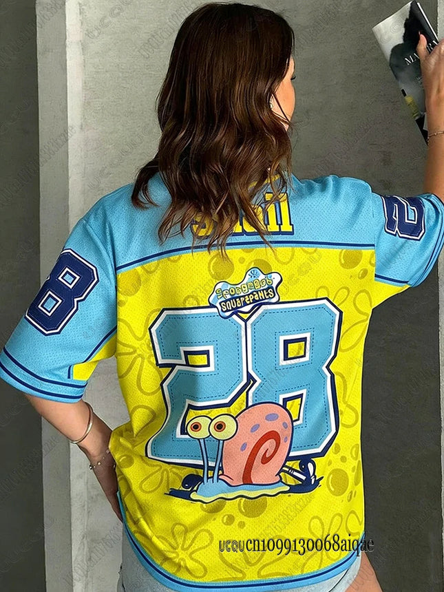 Cartoon SpongeBob Print T-shirts For Women Summer V-Neck Patchwork Short Sleeve Sports Football Jersey - product image 2