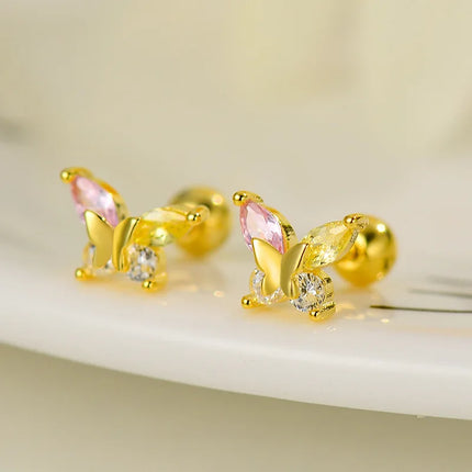 Korean Fashion Pink Zirconic Bear Screw Earrings For Women Girls Cute Animal Cartilage Helix Tragus Ear Piercing Jewelry Gift