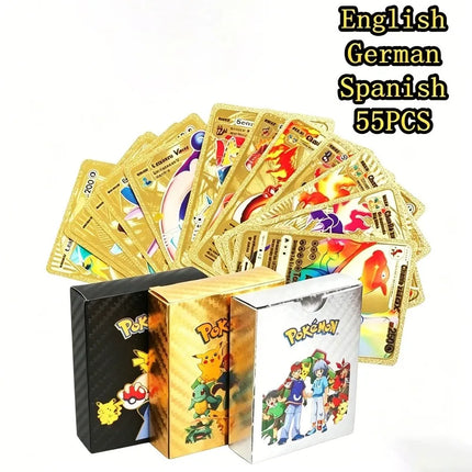Spain Pockmarked 55 Pokemon Table Game Cards Gold Foil Card Silver Foil Black Foil Multilingual. Pokemon Card Anime