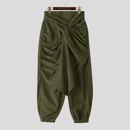INCERUN Men Irregular Pants Solid Color Joggers Lace Up Casual Trousers Men Streetwear Loose Pleated Fashion Long Pants S-5XL