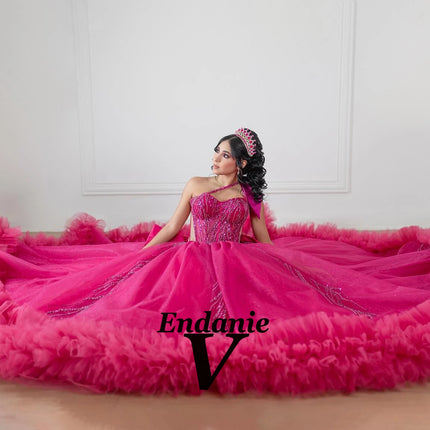 Vendanie Exquisite Beadings Quinceanera Dresses for Girls One Shoulder Bow Corset Illusion Pleat Vestidos De 15 Plus Customized