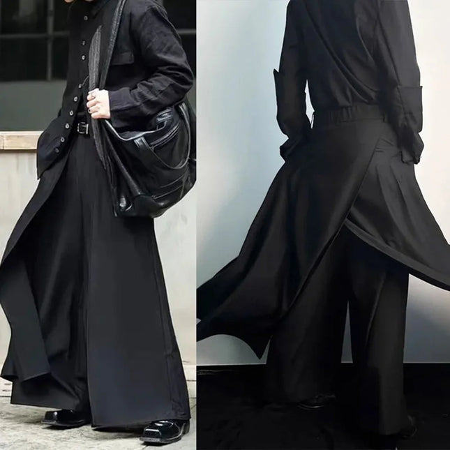 Gótico Culottes Superpuestos Y2K Doble Capa Oscuros Plisados Pierna Ancha Diseño Nicho Pantalones Casuales Falda Ropa Unisex de Hombre