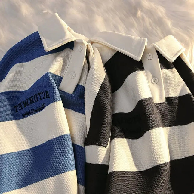 Polo para hombre, talla grande, estilo retro, a rayas, cuello polo en contraste, jersey para hombre, abrigo holgado de otoño, tops de manga larga con botones