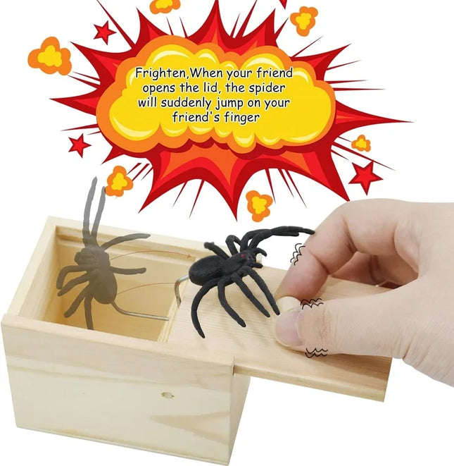 Spider Prank Box Pop Out Rubber Spider Handmade Wood Scare Box Party Game Surprise Joke Funny Trick Toy for Kids Halloween Gift
