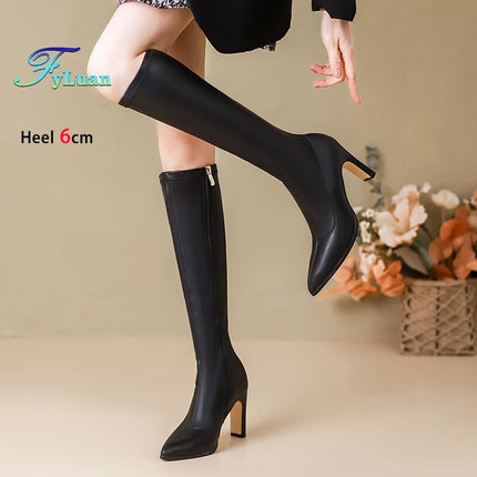 Spring Autumn Elastic Leather Boots For Women 6CM 8CM High Heels Side Zipper Knee-high Boors Fashion Pointed Winter Woman Shoes