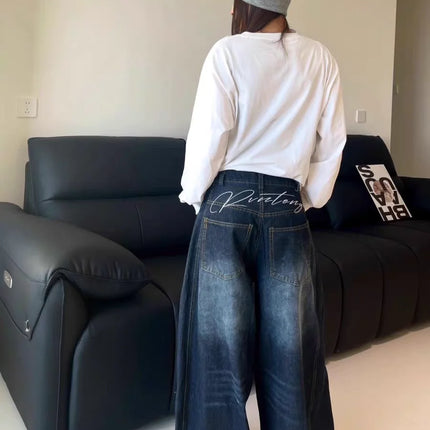 Casual Womens Y2K Loose Baggy Jeans Blue Washed High Street Vintage Cargo Pants Wide Leg Oversized Trousers Y2K Pants