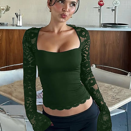 Hugcitar Women Fashion Square Collar Patchwork Lace Floral Print Long Sleeve Sexy Crop T-Shirt Sheer Summer Clothes Party Club