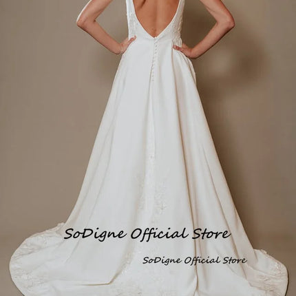 SoDigne A-line Appliques Simple Wedding Dresses Square Collar Sleeveless Satin Bridal Dress Women Long Wedding Gown Customized