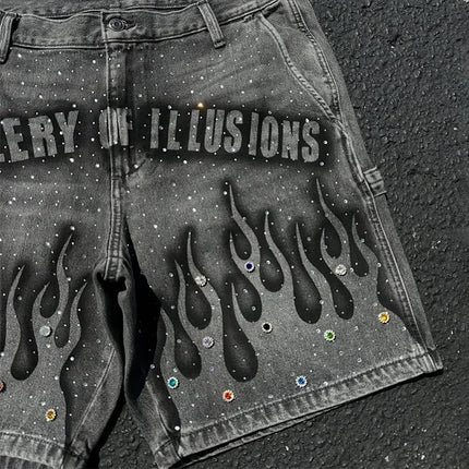 Gothic retro hot diamond denim shorts men's clothing street Harajuku Hiphop High High waiting jeans men's shorts casual pants