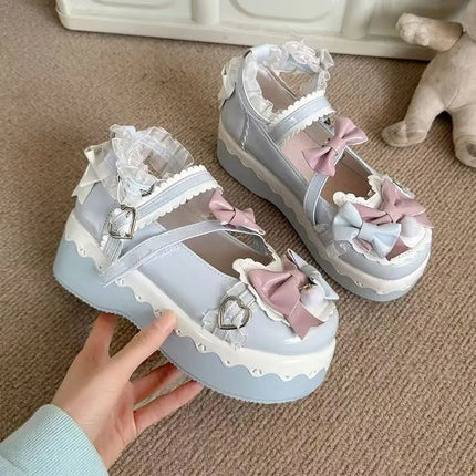 Lovely Girls Lolita Sweet Bowknots Platform Shoes Kawaii Alice Lace Flat Elevator Shoes Mary Janes