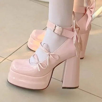 Thick Sole Women's Retro Fashion Mary Jane Shoes Elegant Waterproof Platform Big Bow Chunky Heels Lolita Single Shoes Tacones