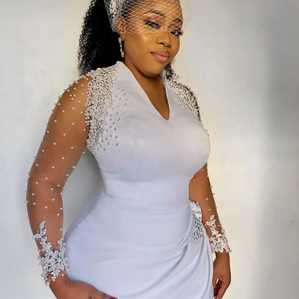 Customized V Neck Shinny Pearls Short Wedding Dress For Bride African Plus Size Illusion Full Sleeves Tea Length Bridal Gown