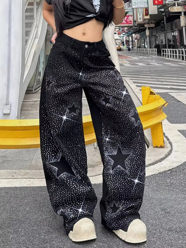 American Street Fashion Spider Web Rhinestone Fashion Pants, Versatile Slim-Fitting Wide-Leg Black Jeans For Women