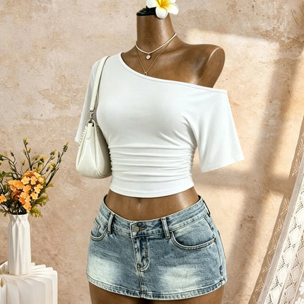Women One Shoulder Short Sleeve Side Ruched Cropped T Shirt 2026 Summer Y2K Going Out Casual Streetwear Tops