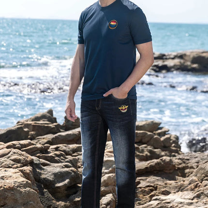 New Summer Thin Dark Blue Casual Loos Straight Men's Jeans Stretch Cotton Bruce&Shark Jeans for Men  Fashion Mid Waist Big Size