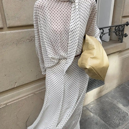 Polka Dot Skirt 2 Piece Set Women Casual High Collar Tie Full Sleeves Elastic High Waist Long Skirt Suit Lady Daily Outfit New