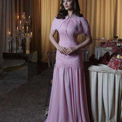 Customized Exquisite Classic Jersey Pleat Lace A-line High Collar Long Dresses Evening Dresses for Woman Sizes Available