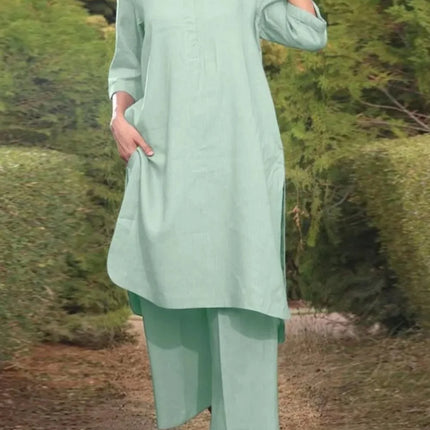 Muslim Women Wide Leg Pant Sets Shirts Loose Solid Two Piece Set V Neck Full Sleeve Long Tops Button Spliced Musulman Ensembles