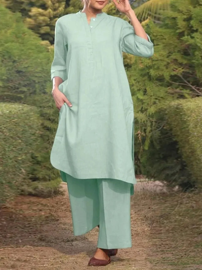 Muslimische Damen Wide Leg Hosen Sets Hemden Locker Einfarbig Zweiteiliges Set V-Ausschnitt Langarm Lange Oberteile Geknöpft Geteilte Musulman Ensembles