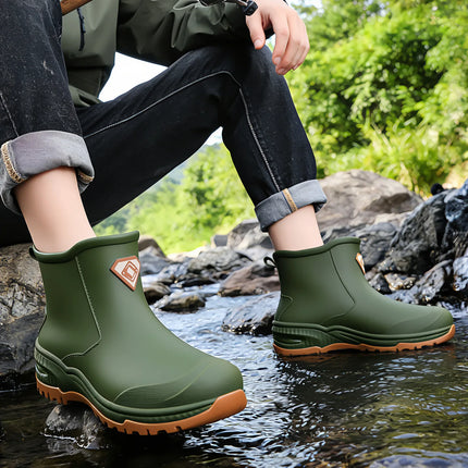 Wear resistant thick soled water boots, military green river tracing men's short boots, rain boots, waterproof men's water shoes