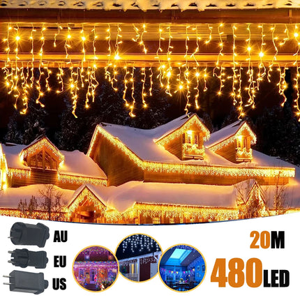 6.5200LED/20M480LED Icicle String Lights Christmas 40Drops 8 Modes, Plug in Curtain Waterproof for Holiday Wedding Party Garden