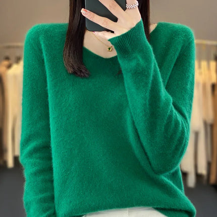 Fashion100% Merino Wool Sweater Cashmere  Pullover Women Knitwear V-Neck Long Sleeve  Autumn Winter Fashion Basic Clothing  Tops