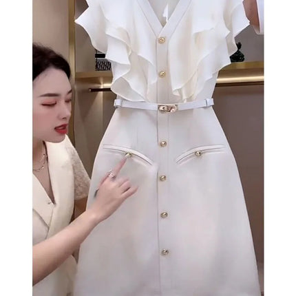 Beautiful Temperament White Ruffled Vinegar Dress Women's Summer Dress Korean Women Receive High Praise Match Belt 2026 New