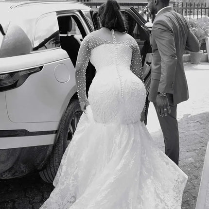 Customized 2026 Women's Mermaid Wedding Dress Bridal Dress Naked Neck Phantom Long Sleeve Beaded Lace Wedding Dress Back Button