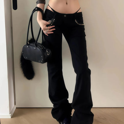 Women's Low Rise Jeans Black Flared Denim Pants Gyaru American Retro Korean Cyber Punk Trumpet Jeans Y2k Skinny Bell Bottom New