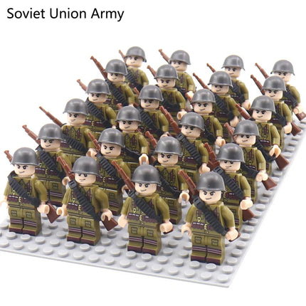 WW2 24pcs/Lot Military Soldiers Building Blocks Set Weapons Soviet US UK China France Army Action Figures Bricks Toys Kids Gifts
