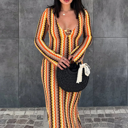Elegant Deep V Neck Dress Women Sexy Flare Long Sleeve Striped Printed Bohemian Dresses For Women Beach Vacation Dress