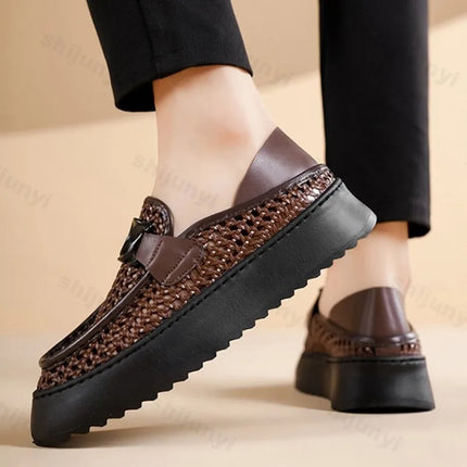 Retro Weave Hollow Breathable Casual Single Shoes for Men 2025 Spring New Low Top Comfortable Versatile Fashion Platform Loafers