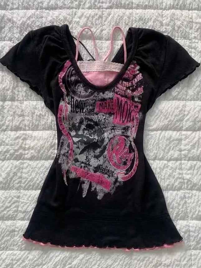 Gothic Hottie T-Shirt Pink Femme Kurzarm Streetwear Hip Hop Retro Kleidung Damen T-Shirts Grafik-Tee Y2K Ästhetisches Crop Top