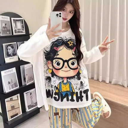 2Pcs Spring Autumn Clothing Sets Sleepwear Pajamas Set Cotton Cartoon Pyjamas Y2K Aesthetic Fashion Fit Loungewear