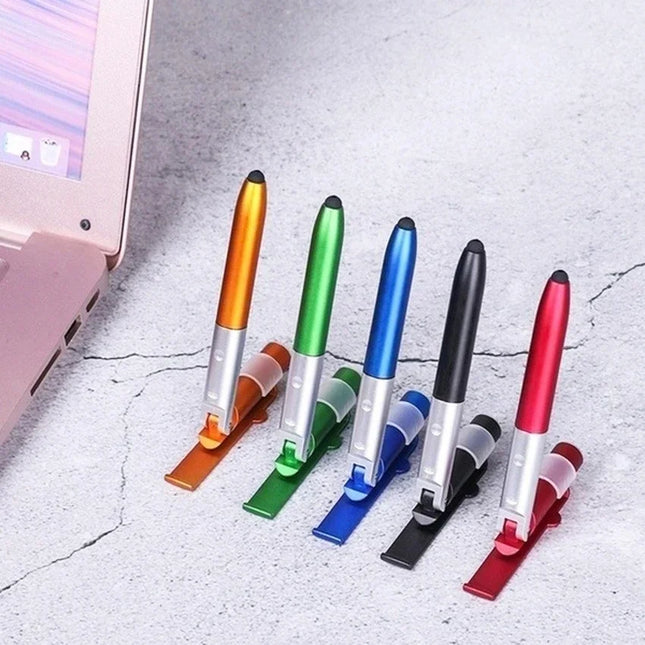 4 In 1 Multifunction Ballpoint Pen with LED Light Fold Phone Holder Night Read Writing Pencil Office School - product image f