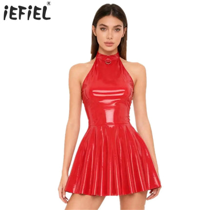 Womens Glossy Patent Leather Latex Dress Halter Skater A-Line Bodycon Mini Dress Swing Skirt Rave Disco Pole Dance Costume