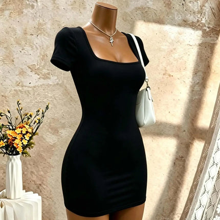 Square Neck Short Sleeve Bodycon Mini Dress Solid Black Slim Fit Pencil Club Party Night Out Tight Short