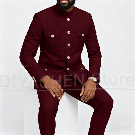 Fashion Stand Collar Men Suits Single Breasted Four Pockets Slim Male Clothing Formal Business Casual Daily Suit 2 Pieces