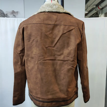 2026 Men's PU Leather Patchwork Zipper Jacket Autumn Winter Fleece Warm Outdoor Coat Casual Cowboy Outerwear Brown Streetwear