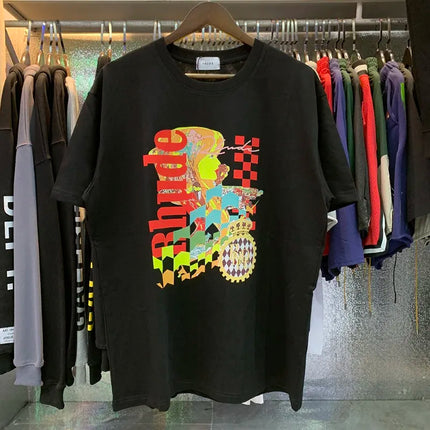 Black Vintage RHUDE Racing Laurel Wreath T-shirt R Logo Grand Prix Crew Neck Cotton RHUDE Casual Streetwear Short Sleeve Top Tee