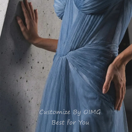 OIMG Pastrol Dusty Blue Mermaid Prom Gowns Off The Shoulder Pleated Party Gown Tulle Floor Length Evening Dress Customized
