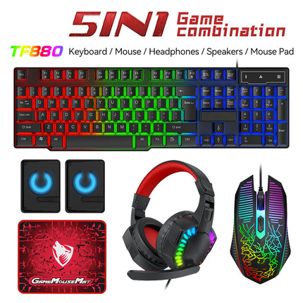 5-in-1 Set Gaming Combo Keyboard 4-color Breathing Light Mouse 3.5mm Gaming Headset Gaming Speaker Anti-slip Mouse - product