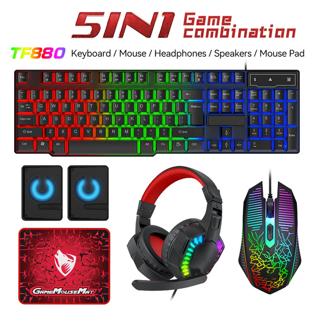5-in-1 Set Gaming Combo Keyboard 4-color Breathing Light Mouse 3.5mm Gaming Headset Gaming Speaker Anti-slip Mouse - product
