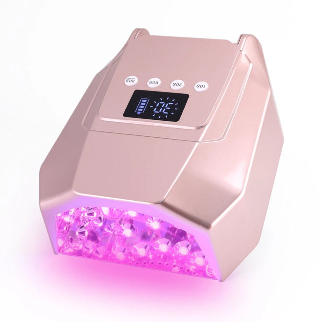 Popular producto para uñas oro rosa Lámpara de uñas UV LED profesional de alta calidad de 98 W con batería y base metálica para uso en salón