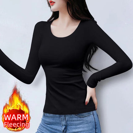 O Neck Long Sleeve Fleeceing Heating Fiber Thermal Basic T-Shirts Winter Bottoming Cropped Tops Casual Skinny