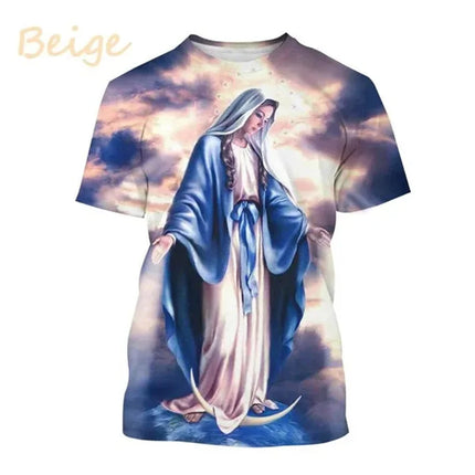 Virgin Mary T Shirt Goddess of Mercy 3D Print T-Shirt Christian Blessed Jesus God Tee Shirts Womens Clothing Unisex Short Sleeve