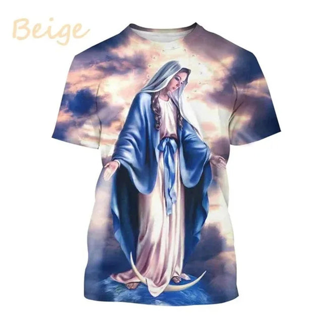 Jungfrau Maria T-Shirt Göttin der Barmherzigkeit 3D-Druck T-Shirt Christlich Gesegnet Jesus Gott T-Shirts Damenbekleidung Unisex Kurzarm